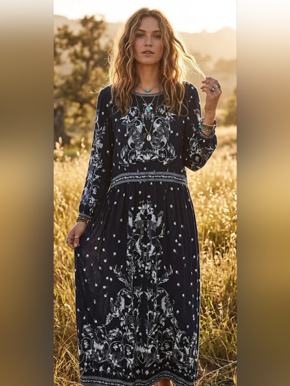 Max Studio Navy Blue Maxi Dress Boho Cottagecore Prairie Celestial Botanical XL